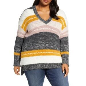 Caslon Striped Overszied Cozy Sweater Mixed Knit V Neck White Gray Pink Size 1X